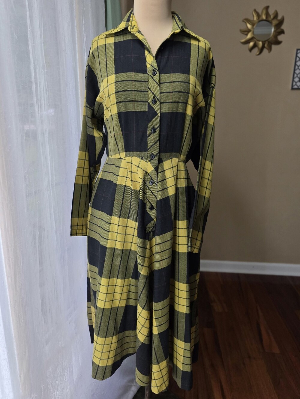 Vintage Yellow Black Plaid Midi Shirt Dress 90s Grunge Preppy Fall Pockets